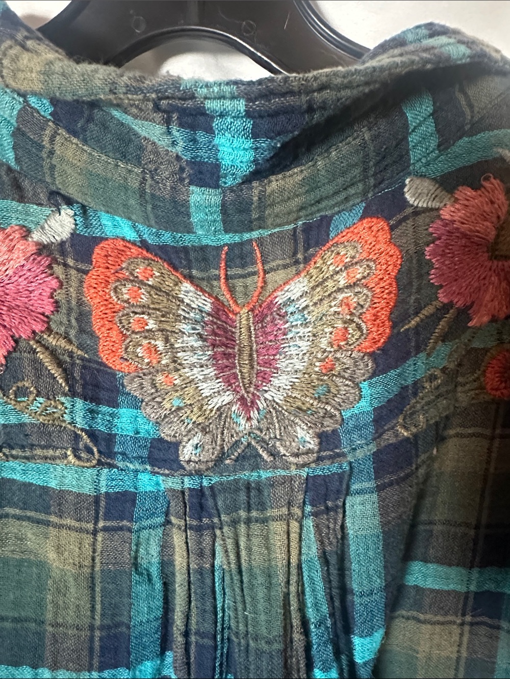 Johnny Was Teal & Green Plaid Button-Down with Floral Embroidery - Picture 8 of 9